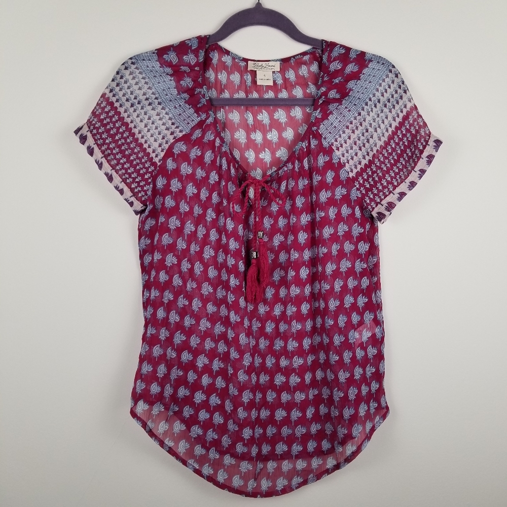 Lucky Brand Crinkle Chiffon Burgundy Print Top - S